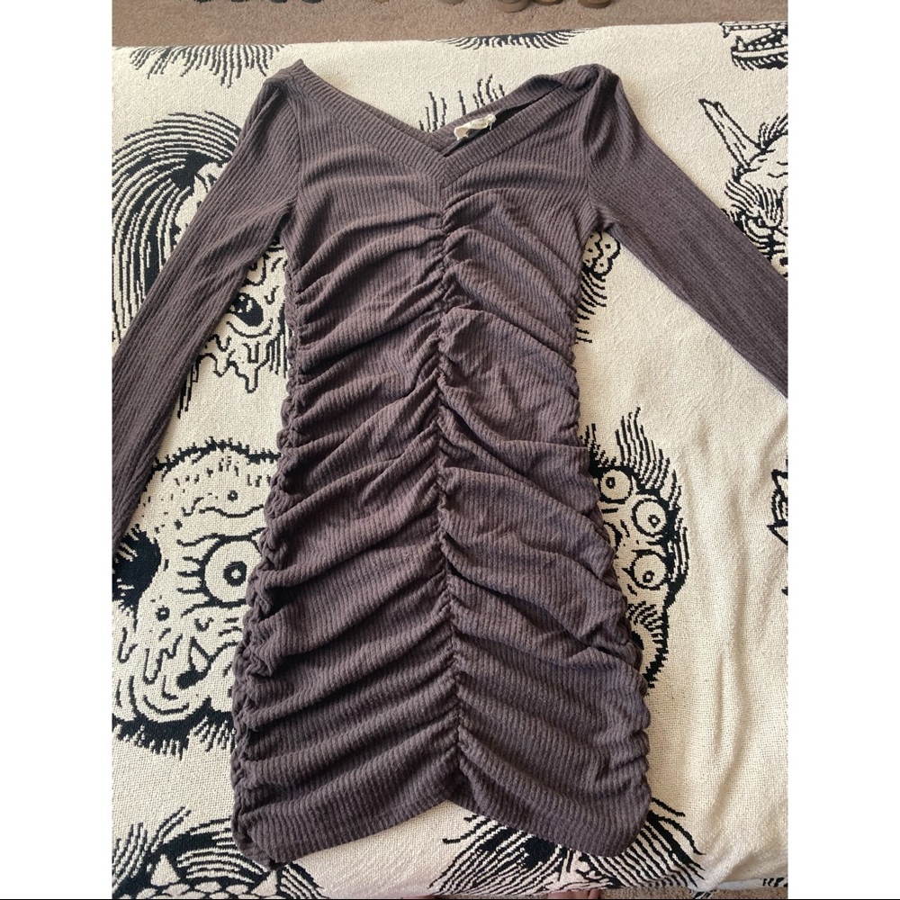 Dark grey long sleeve scrunch sweater dress